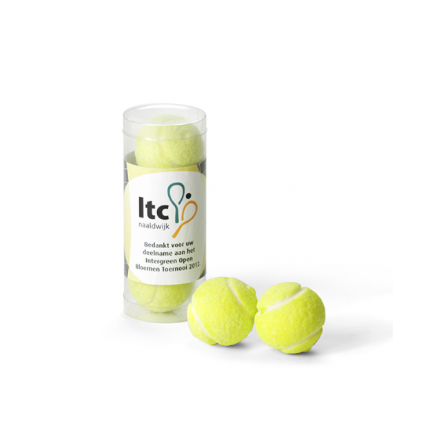Koker met tennisballen kauwgom